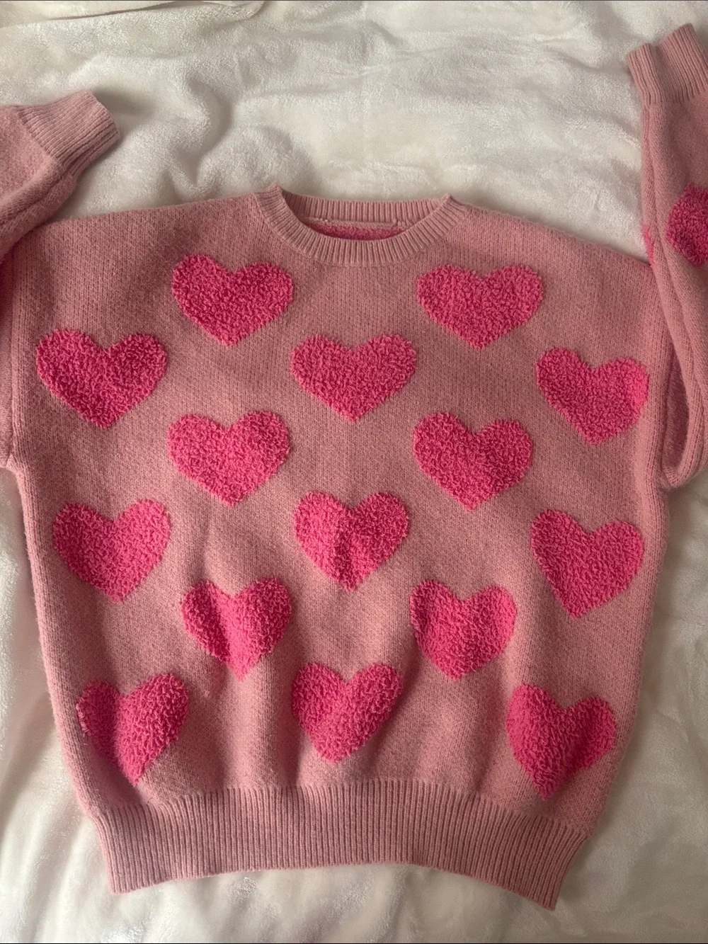 Women's Pink Heart-Pattern Crewneck Knit Sweater Like New
